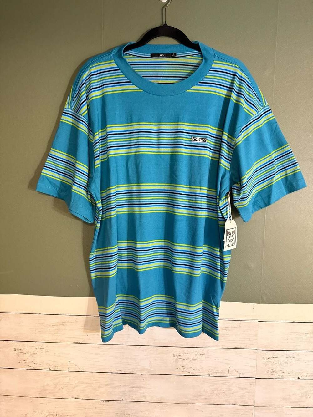 Obey Mens Striped Crew Neck T-Shirt Blue Green Yellow 131080238 Size L NEW